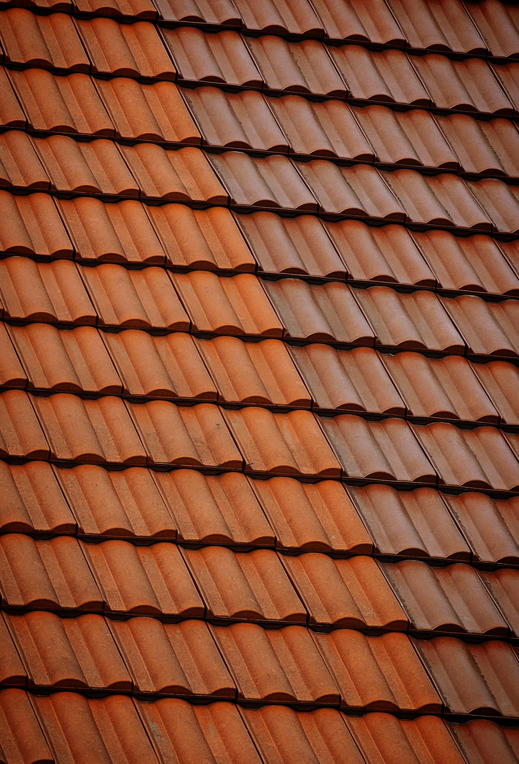 Detailed view of red clay roof tiles forming a repetitive pattern in warm sunlight.